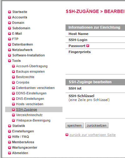 SSH-Zugang unter "Tools"